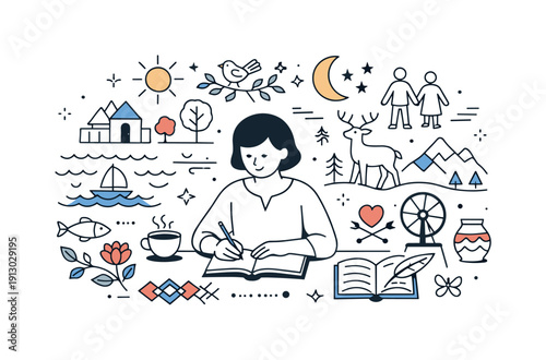 Folk art storytelling. A calm editorial scene where symbolic ornaments and patterns surround a maker, representing stories, identity, and