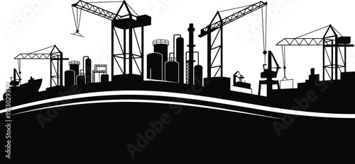 Industrial shipyard silhouette with cranes, cargo ships, refinery tanks, and chimneys, symbolizing maritime logistics, infrastructure, and global trade artwork