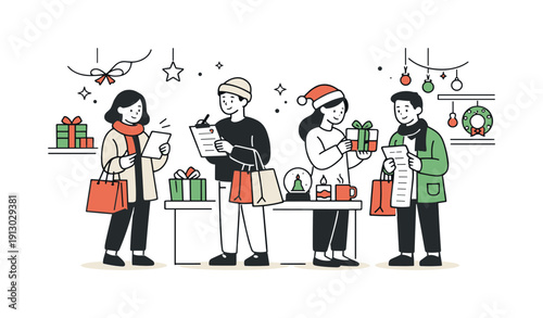 Holiday season shopping. A warm editorial scene of people browsing festive gifts in a calm, modern shop environment, holding shopping bags