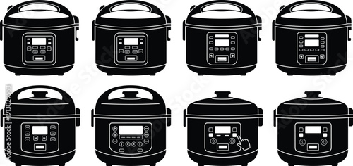 Electric multicooker and pressure cooker kitchen appliance silhouette icon collection in black vector illustration isolated on light background design
