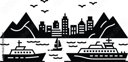 Coastal cityscape silhouette with ships, sailboat, mountains, and birds, symbolizing urban development, maritime life, and natural harmony artwork