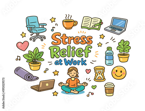   Stress Relief at Work. Hand-drawn doodle illustration of Stress Relief at Work. relaxing