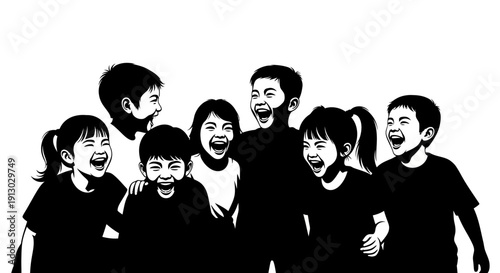 Group of Happy Children and Adult Silhouette.