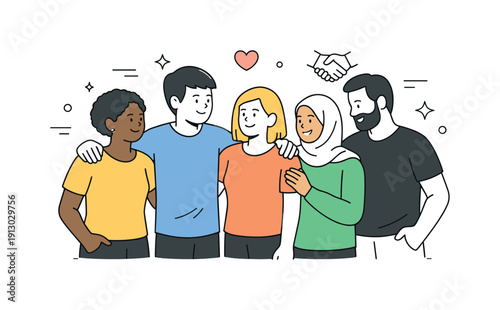 Anti-racism. Diverse group of people standing together, calmly supporting each other with simple gestures. Editorial scene expressing unity,