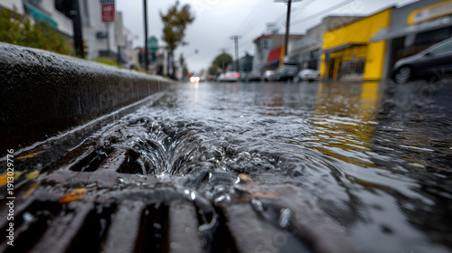 Rainwater draining into a street sewer during urban storm