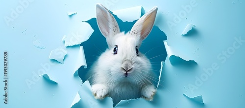 A pig bursting through a wall of blue confetti in a celebratory scene