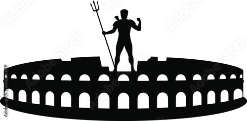 Roman colosseum silhouette with gladiator holding trident, symbolizing ancient history, classical architecture, and legendary combat artwork