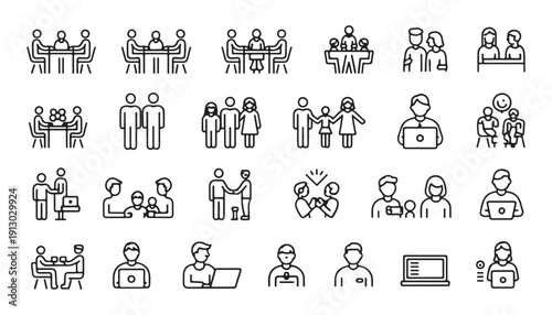 Collection of 40 business people icons representing meetings, communication, teamwork, and work relationships