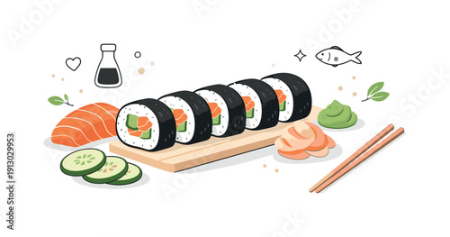 Minimalist Sushi Art. Homemade sushi concept. A finished sushi roll sliced neatly and arranged with vegetables and fish, calm presentation and clean