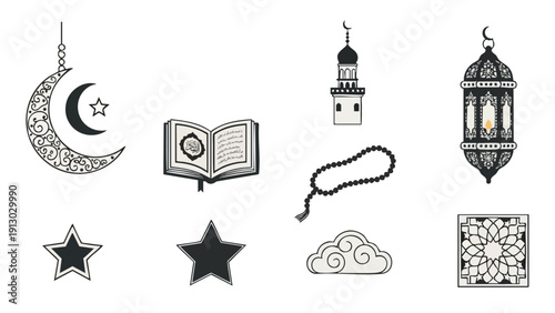 Black and white illustrations of Islamic symbols including a crescent moon star book lantern rosary and geometric patterns on a white background with a simple graphic style.
