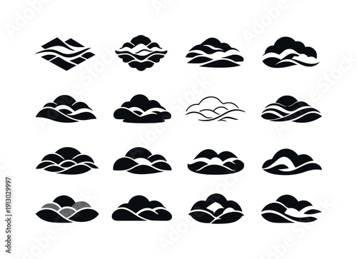    Rolling Fog. Icon set. Set Logo of Rolling Fog: fog over hills. harmonious logo variations of the same emblematic concept, each