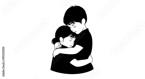 Illustration of Two People Hugging Tightly Together.