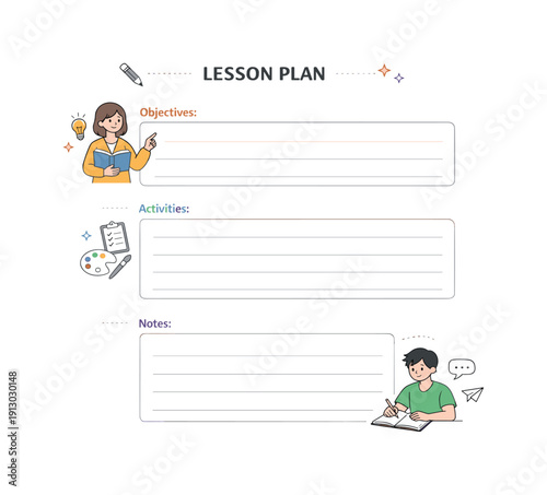 Blank lesson plan template. Clean worksheet layout with empty sections for objectives, activities, and notes, neatly arranged on a page. Calm