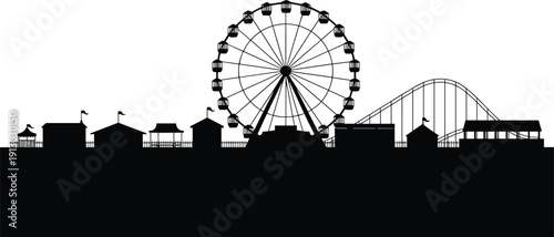 Amusement park silhouette with Ferris wheel, roller coaster, and festive structures, perfect for fun, leisure, and entertainment artwork