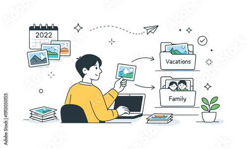 Managing digital memories. A person reviewing and sorting photos by date and album, creating a calm and satisfying workflow. Minimalist flat