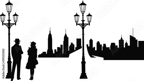 Vintage city silhouette with ornate streetlamps and people in classic attire, symbolizing nostalgia, urban history, and timeless artwork