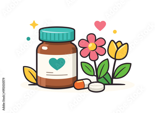 Spring healthcare concept mindful self care routine shown through a medicine bottle beside blooming flowers, suggesting gentle treatment,