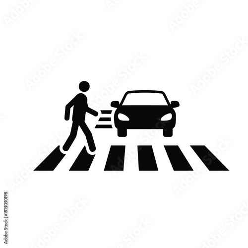 Vector illustration icon person crossing road at pedestrian crossing with car approaching slowly