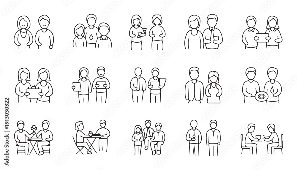 Fototapeta premium Set of 15 simple line icons depicting people, couples, families, and business meetings for design