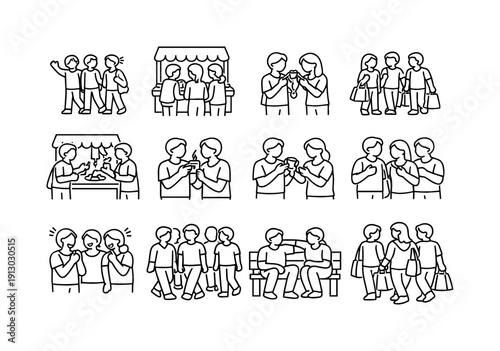 Weekend flea market outing. Line icon set of Weekend flea market outing: friends arriving market, friends browsing stalls, friends checking