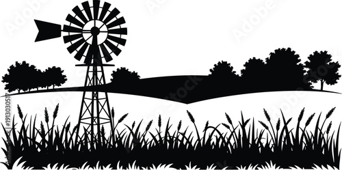 Black silhouette rural windmill illustration with lattice tower, grass, wheat plants, rolling hills, countryside landscape, sustainable agriculture, serene nature design concept