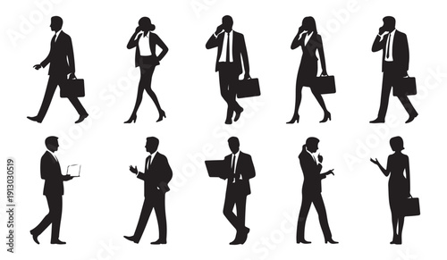 Professional business people silhouettes walking with briefcases and talking on phones in flat style