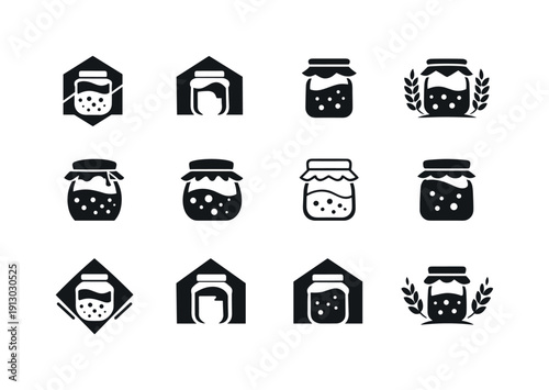   Making sourdough bread at home. Icon set. Set Logo of Making sourdough bread at home: sourdough starter jar. harmonious logo variations of