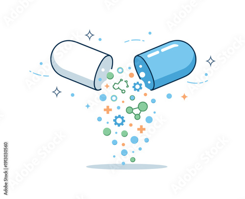 Nanotechnology in medicine. Close-up of a capsule releasing nanoscale particles represented as soft dots and symbols. Quiet moment of