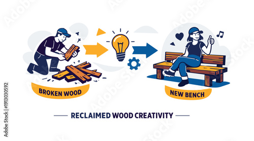   Reclaimed wood creativity. Broken planks reassembled into a functional bench, arrows showing