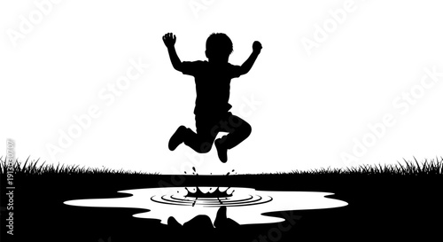 Silhouette of a boy jumping over water.