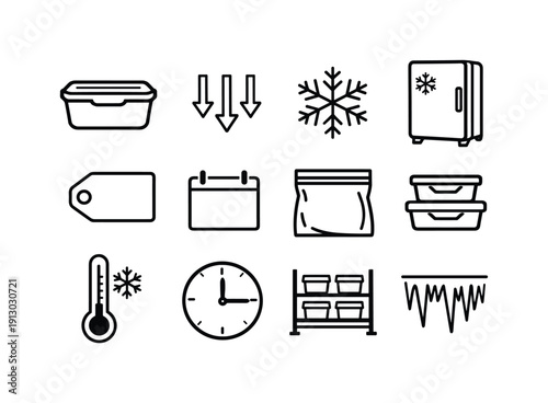   Food freezing process. Line outline icon set of food freezing process: food container,
