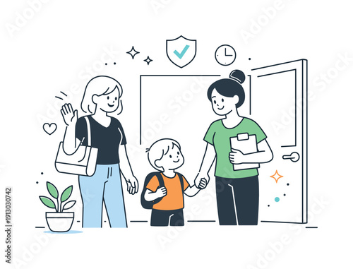 Trusted childcare support. Parent confidently leaving a child with a friendly babysitter at the door. Reassuring scene about reliability,