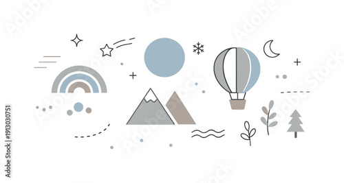 Muted winter atmosphere. Abstract decorative elements floating lightly, using cool greys, soft blues and gentle taupe accents.