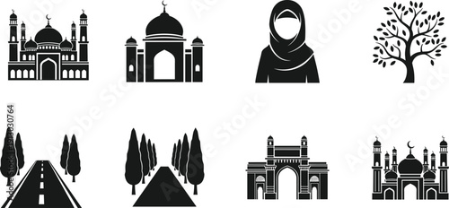 Islamic cultural landmark and architecture silhouette set with mosque gateway road trees and Muslim woman vector illustration