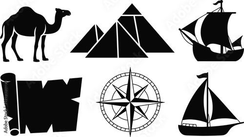Black silhouette exploration travel icons set with camel, pyramids, sailing ships, compass rose, map scroll, navigation, desert, Egypt, maritime adventure illustration