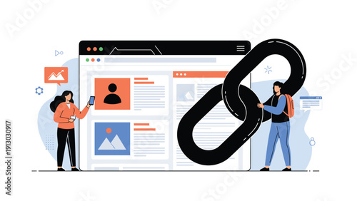 Two marketing professionals stand before a large web browser window featuring a massive black chain link for seo building.