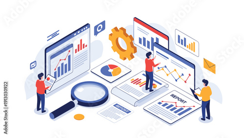 Business analysts use magnifying glasses and digital screens to examine complex data reports and colorful statistical charts.