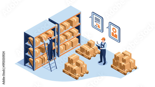 Warehouse workers organize inventory on tall shelves while checking stock levels and communicating within a storage facility.