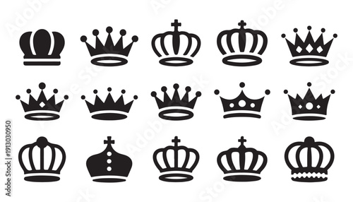 Variety of classic crowns, bold black filled icons, representing hierarchy and supreme rule, simple shapes