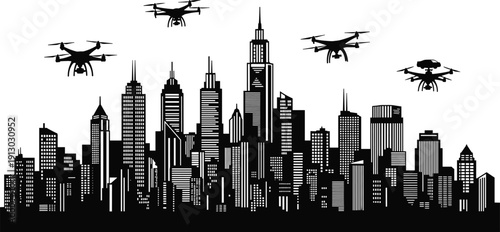Futuristic city skyline with drones flying above urban skyscrapers, concept of drone transportation, aerial delivery technology, smart city innovation, modern urban mobility illustration