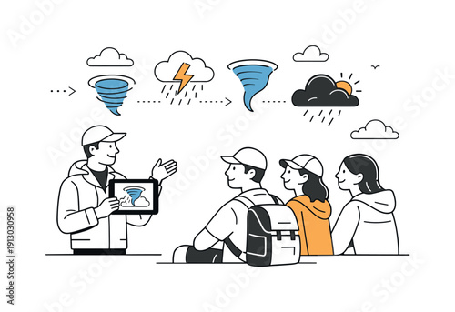 Extreme weather and storm chasing tourism. Tour guide explaining weather patterns on a tablet while travelers listen, storm icons floating