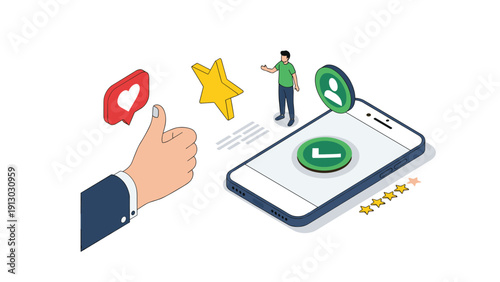 User feedback interface shows a smartphone with a checkmark alongside star ratings and social media symbols for satisfaction.