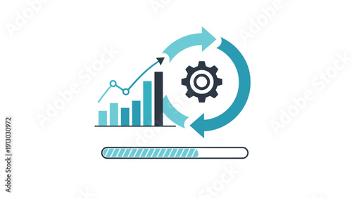 Process improvement graphic features a central gear with circular arrows and a rising bar chart for business optimization.