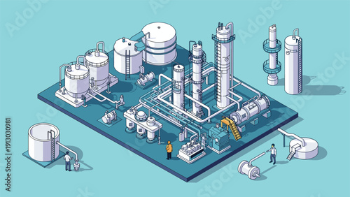 Large scale industrial chemical processing plant featuring various storage tanks and interconnected pipes in an isometric view.