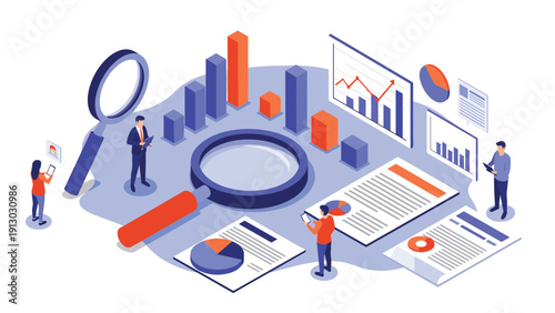 Diverse business group conducts deep data analysis using magnifying glasses and various colorful statistical charts and graphs.