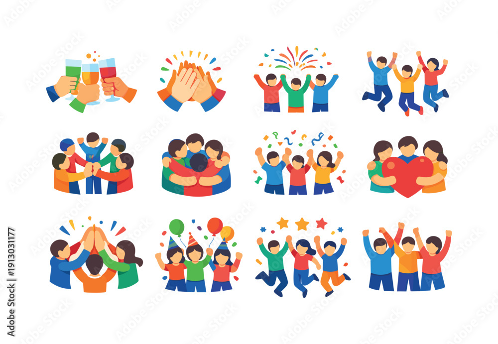 Fototapeta premium Celebrating Together. Colorful flat vector icons set of Celebrating Together: group cheers icon, clapping hands circle, fireworks behind