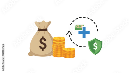Financial growth and wealth protection concept showing money bag with coins plus sign and shield icon for secure investment strategies.