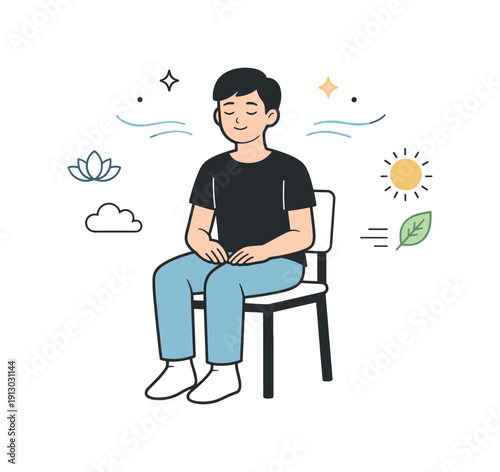Moment of contemplation. A character seated on a simple chair with eyes closed, breathing calmly. The scene suggests mindfulness, balance,