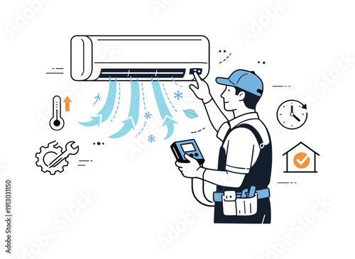   Electricians and skilled trades. An HVAC technician adjusting a modern unit with airflow icons gently circulating, showing controlled climate