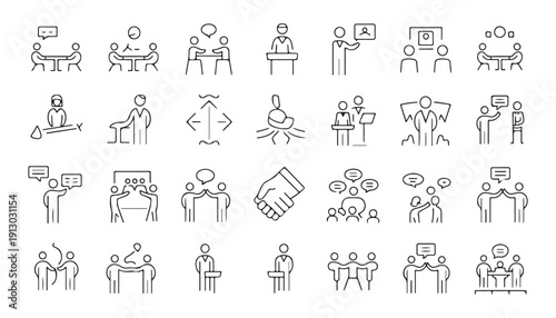 Set of 30 outline icons for business meetings, discussions, and corporate communication